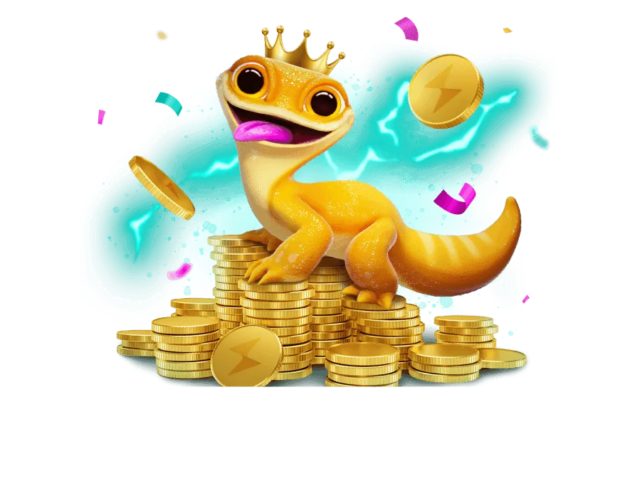 Zoome Gecko mit Krone auf einem Berg aus Goldmünzen